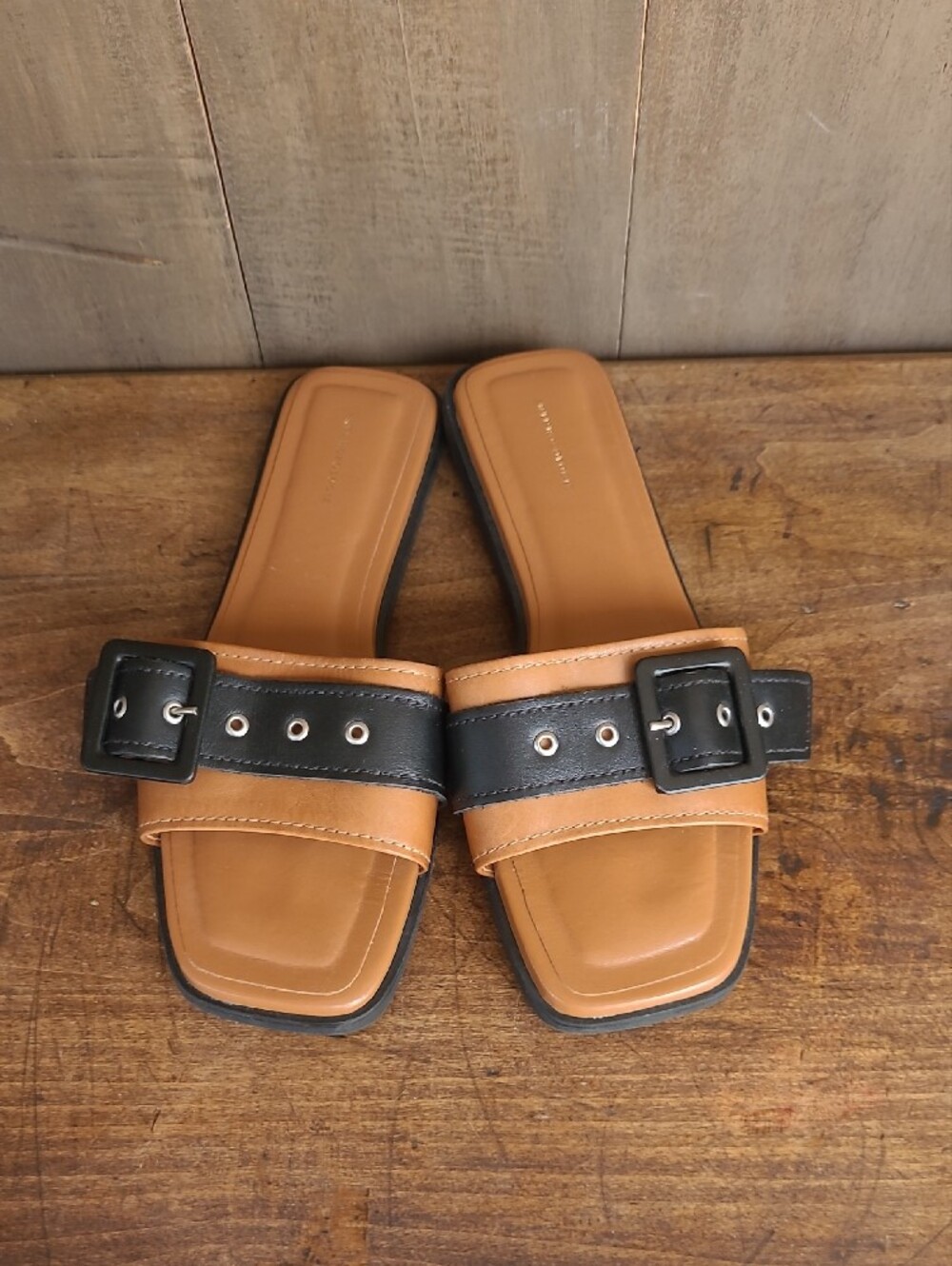 EUC Anthropologie Buckle Slides Women's sz 37/6.5US Cedar/Black Leather Sandals - Picture 6 of 10